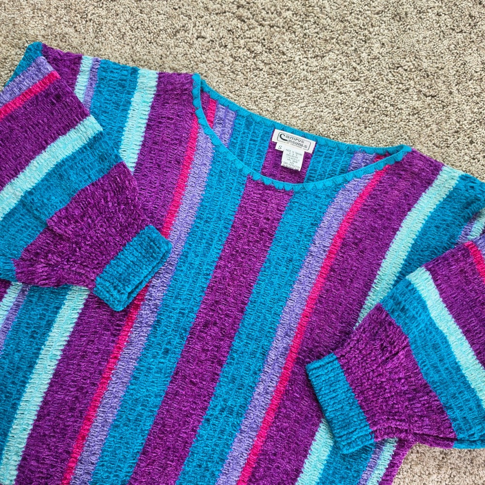 VINTAGE Campus Casuals Sweater Womens Small Purple Teal Striped Knit Retro 80s